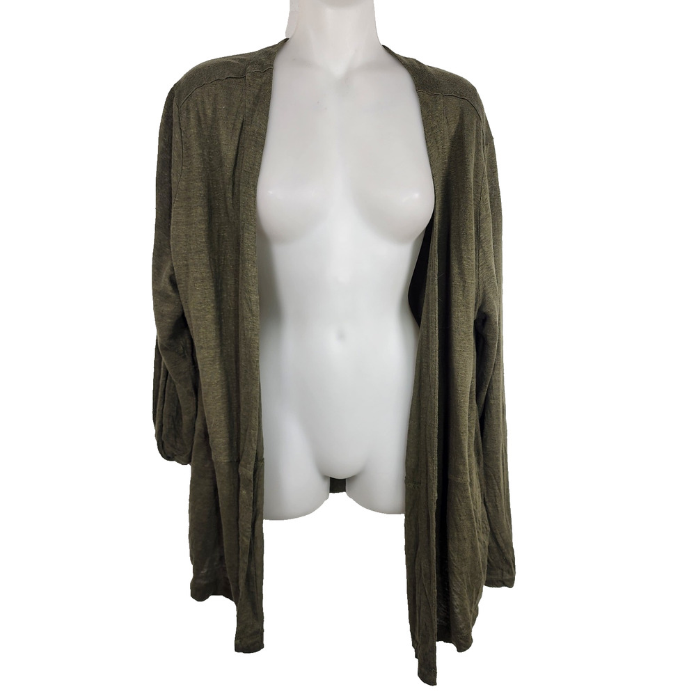 J Jill Womens Love 100% Linen Cardigan Sweater 1X Green Open Front Knit Pockets